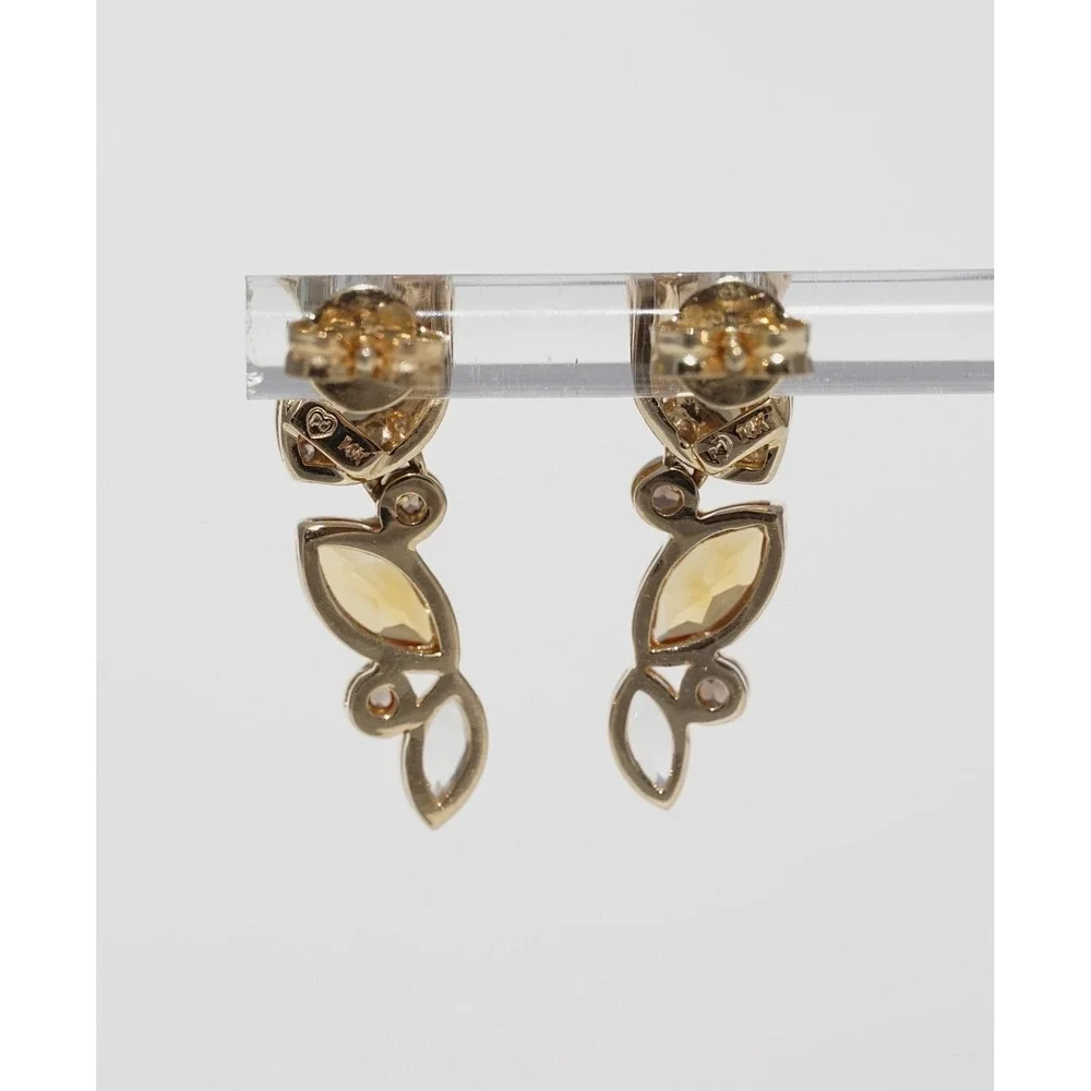 Vintage 14k Solid Gold Natural Citrine Aquamarine Quartz Diamond Dangle Earrings
